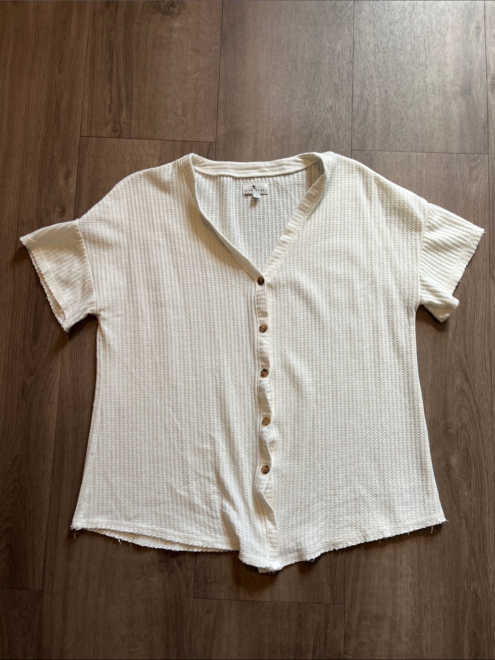 Waffle Knit Button-Front Short Sleeve Top in Cream
